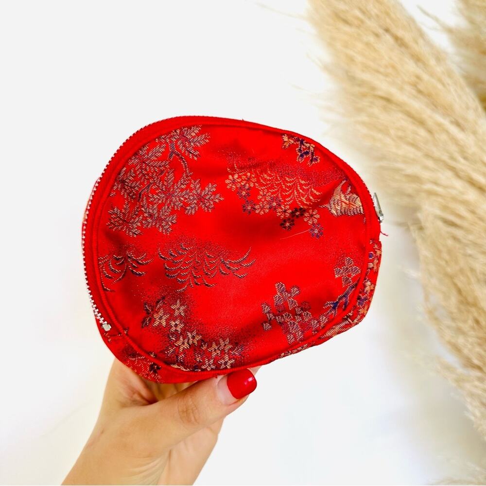 VINTAGE Hong Kong Red Embroidery Print Circular Clutch Makeup Jewelry Bag Case